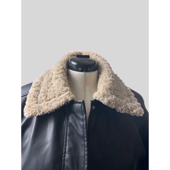 French Connection XL Faux Vegan Leather Bomber Jacket Shearling Collar Black - Picture 6 of 10